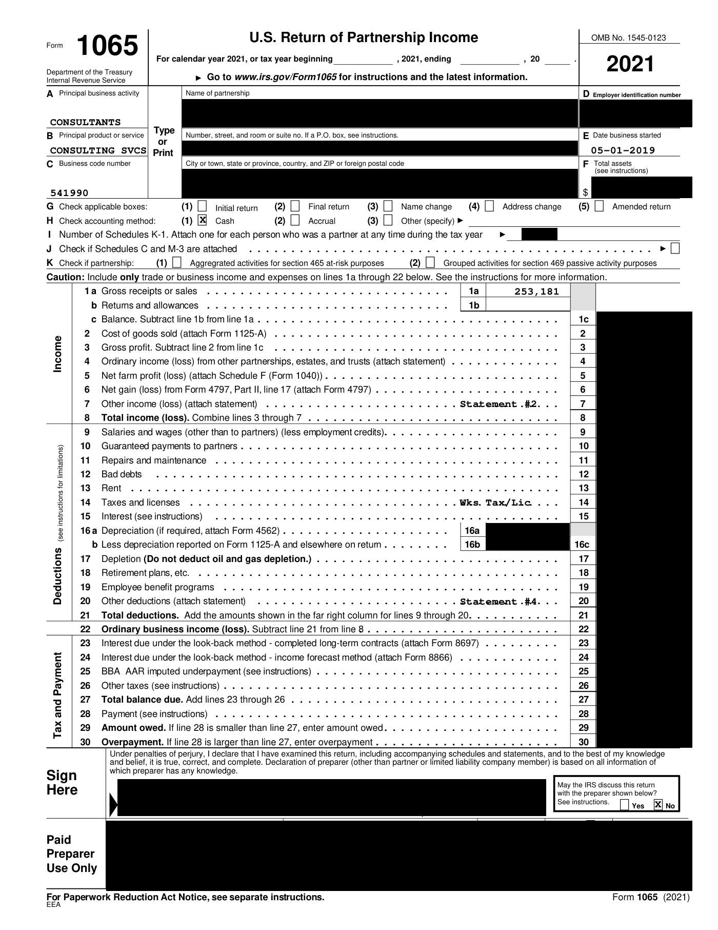 Tax return, 2021. Only the form header, the year and the gross receipts figure are readable.