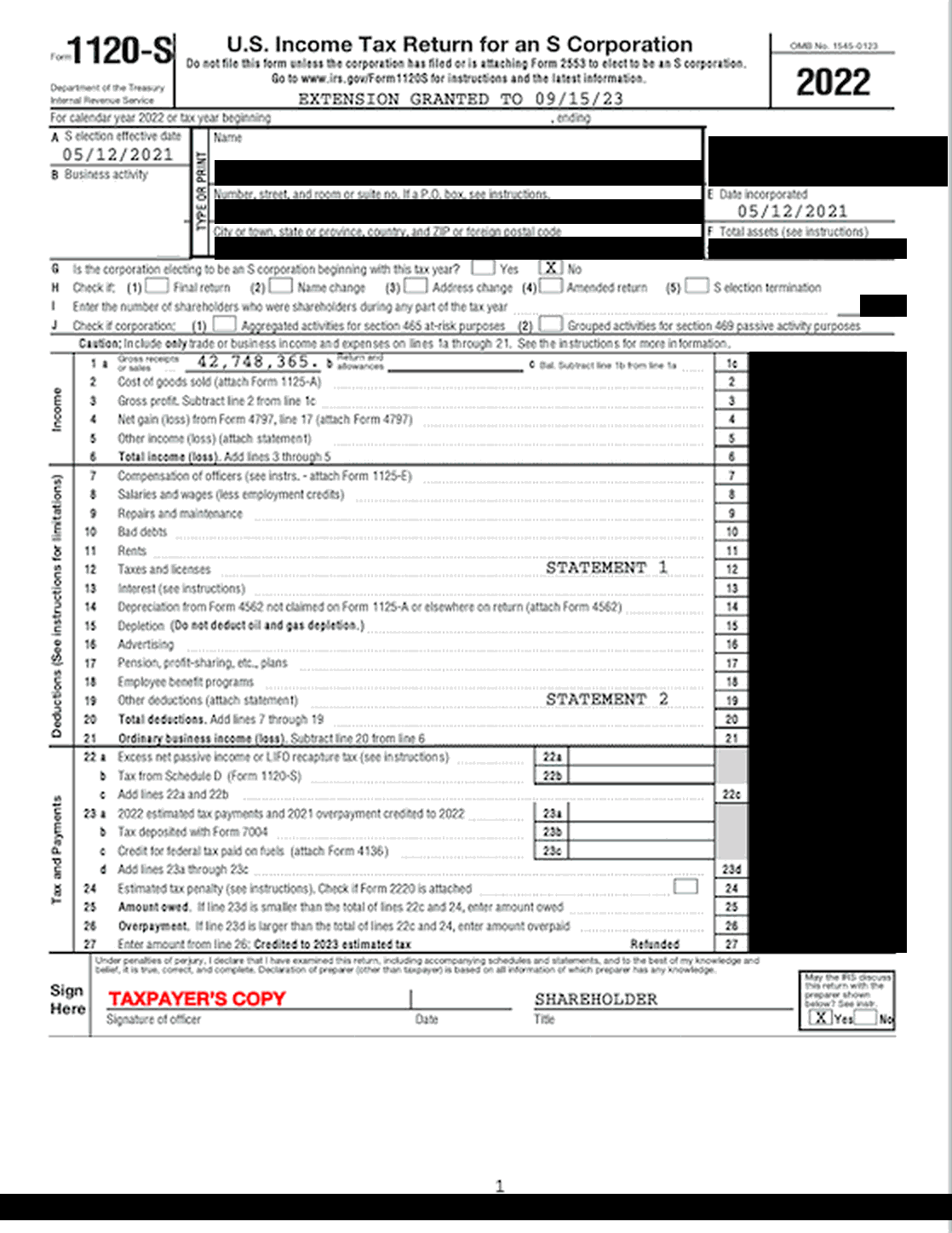 Tax return, 2022. Only the form header, the year and the gross receipts figure are readable.