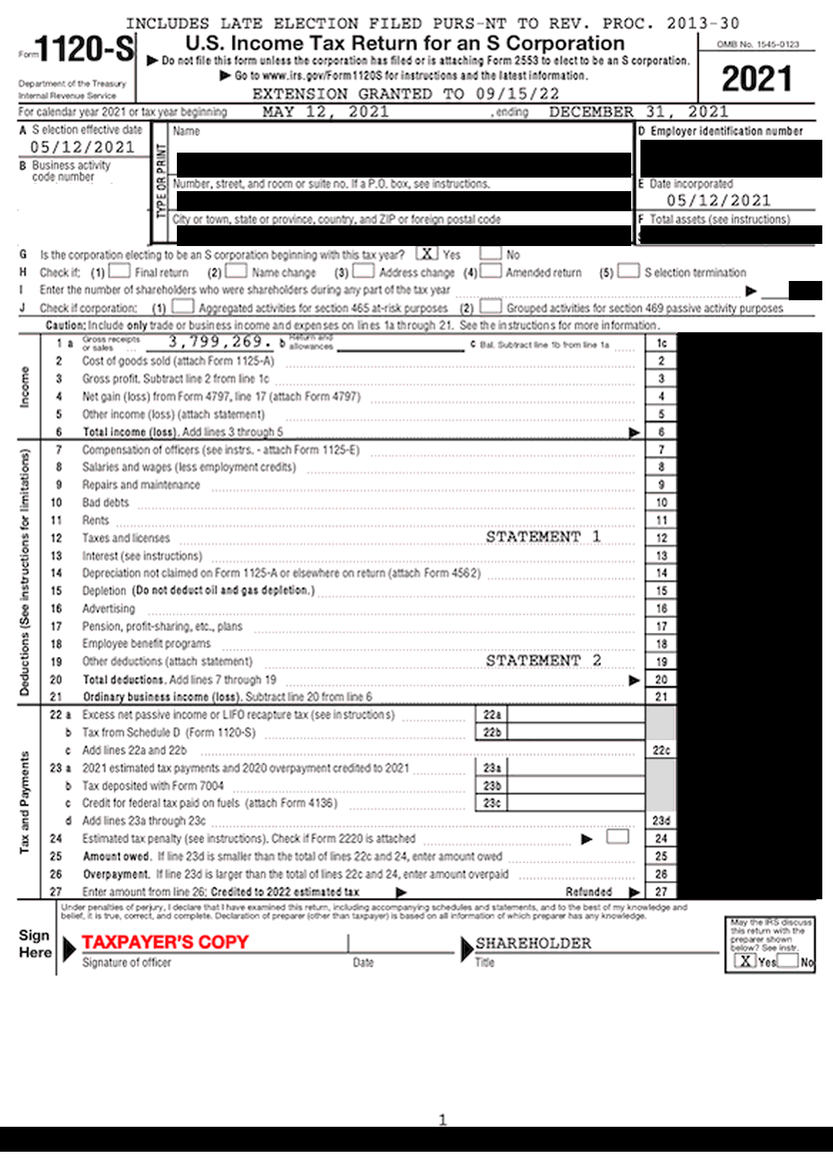 Tax return, 2021. Only the form header, the year and the gross receipts figure are readable.