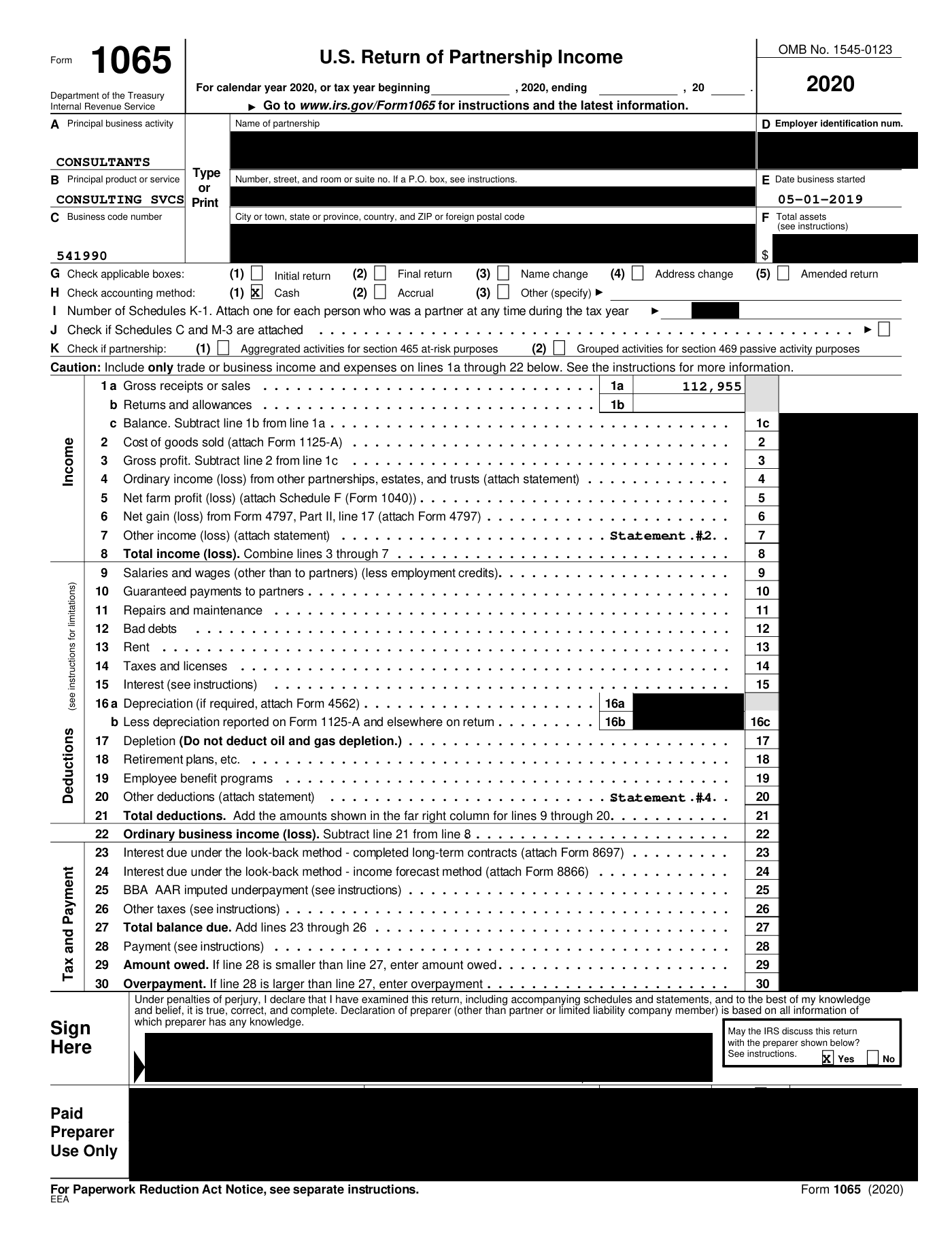 Tax return, 2020. Only the form header, the year and the gross receipts figure are readable.