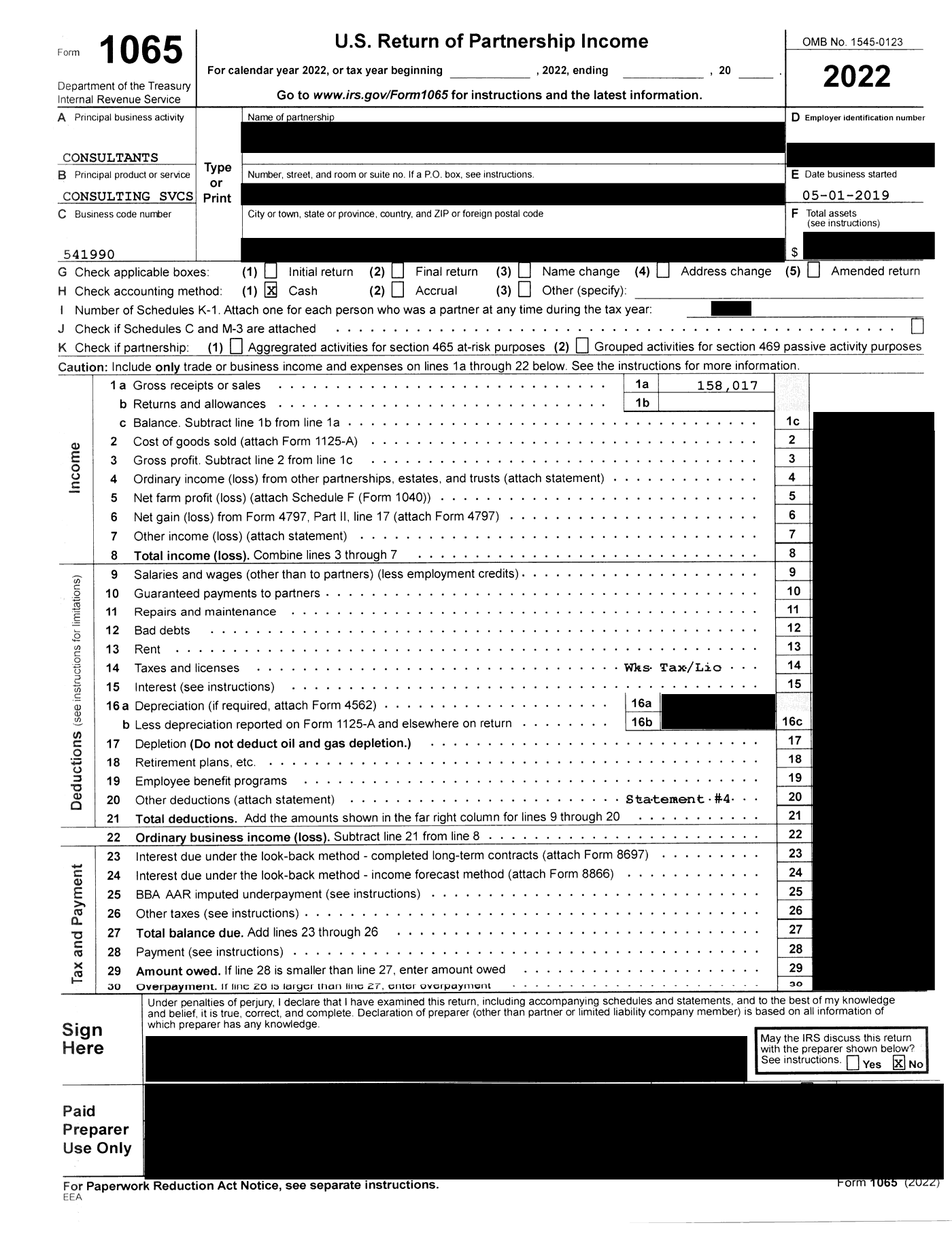 Tax return, 2022. Only the form header, the year and the gross receipts figure are readable.