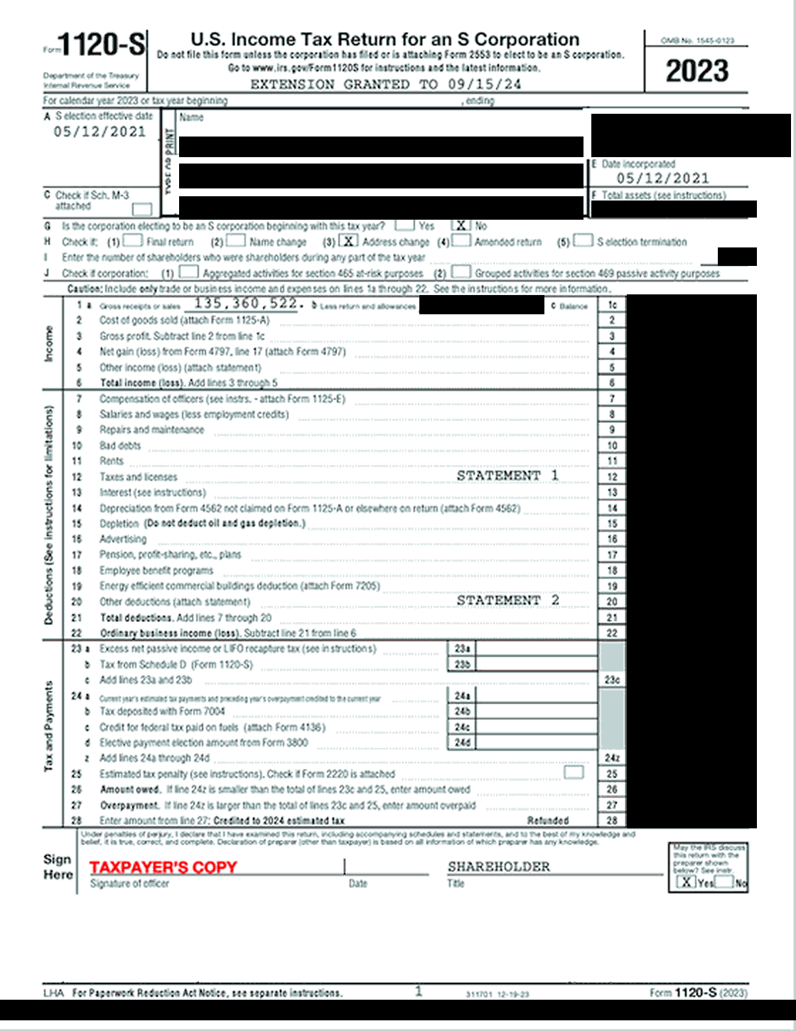 Tax return, 2023. Only the form header, the year and the gross receipts figure are readable.